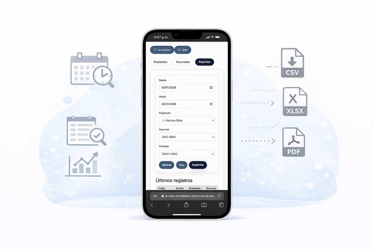 Mockup de tabla con filtros y boton de exportacion