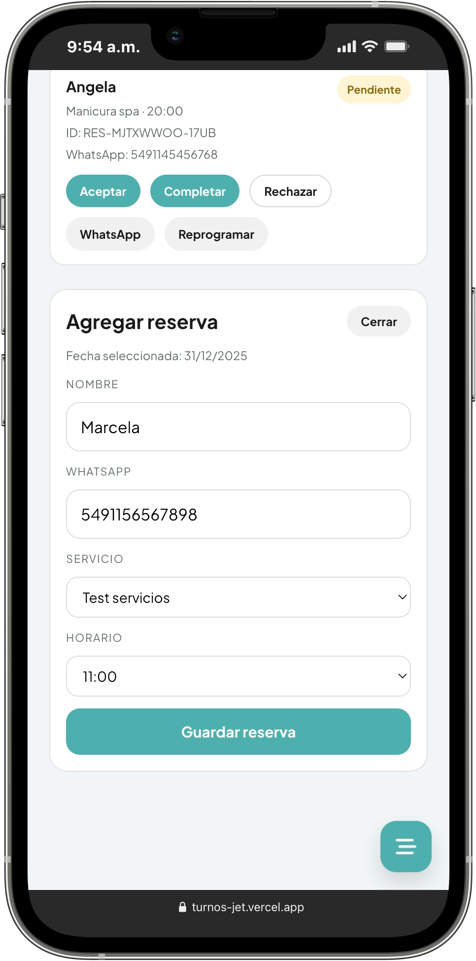 Panel para agregar o editar reservas