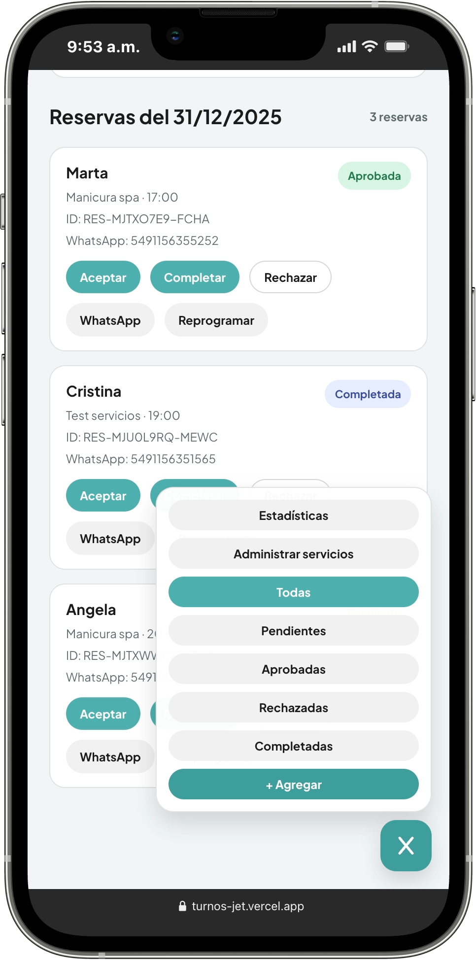 Panel con acceso a administracion de servicios