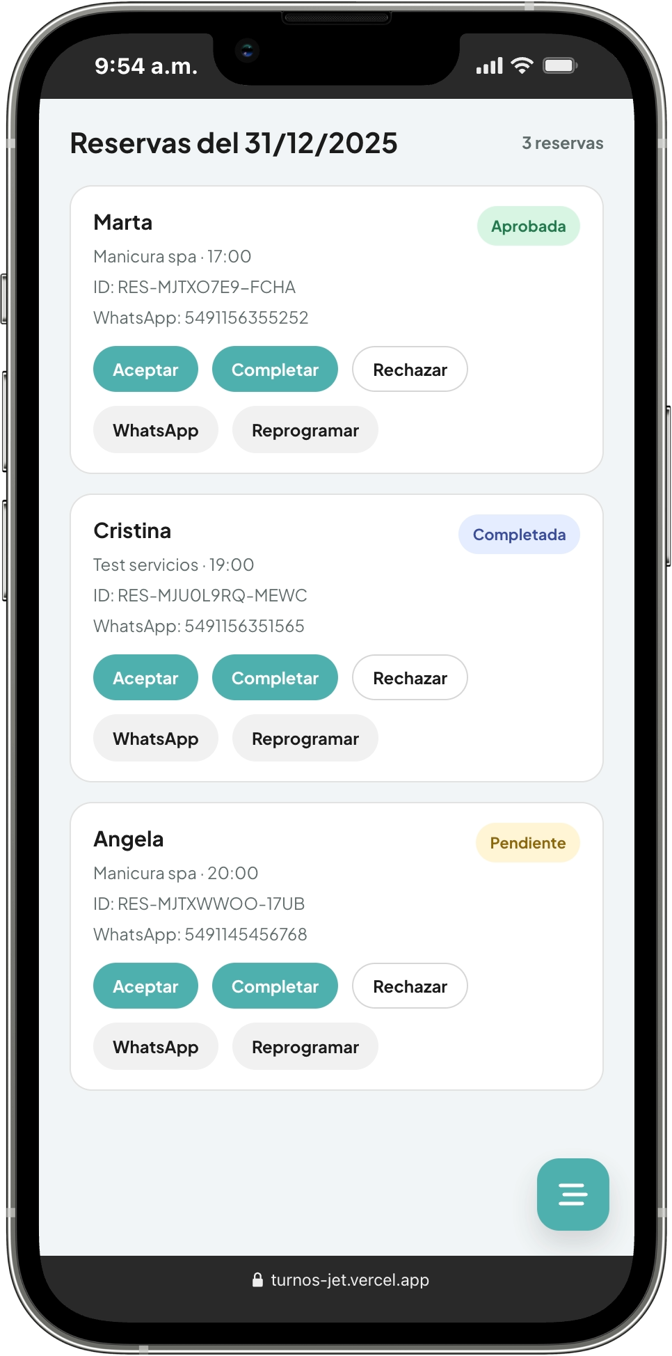 Listado de reservas con estados