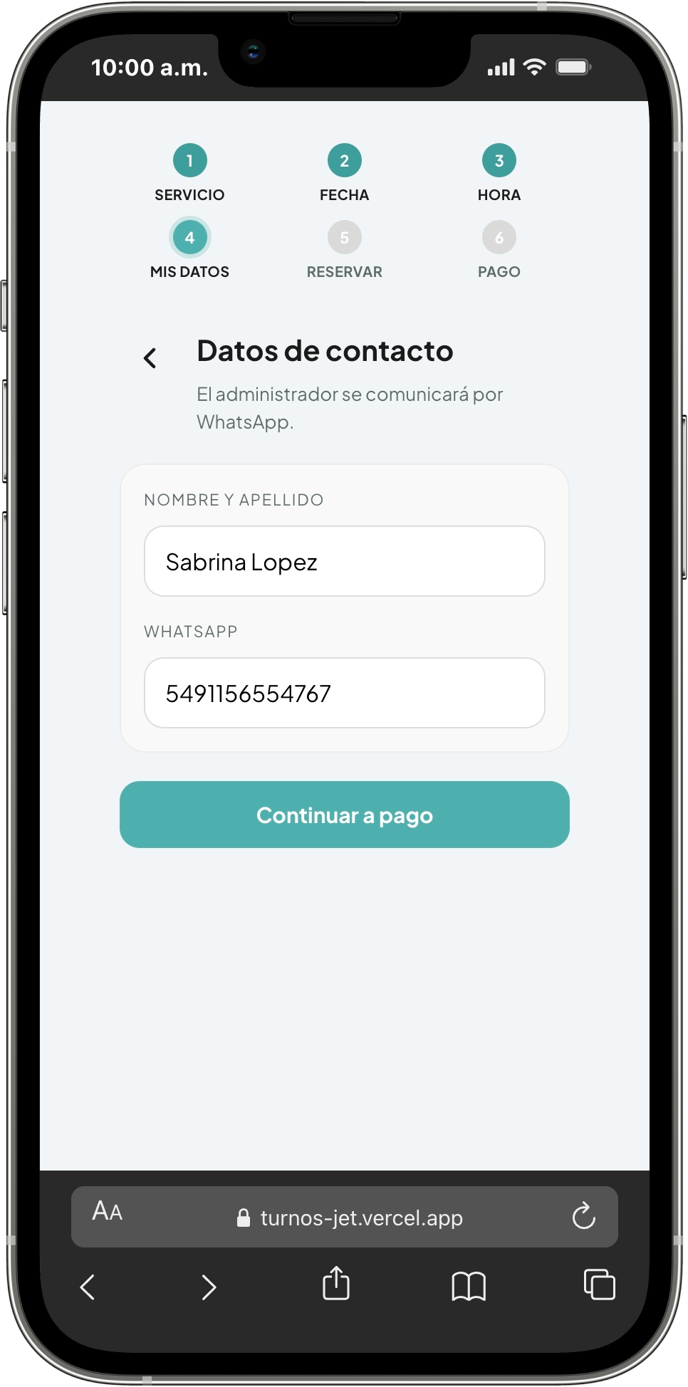 Pantalla de datos de contacto
