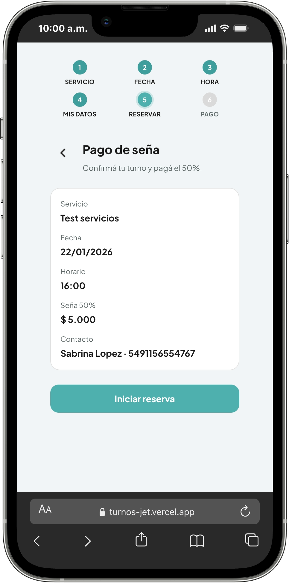 Pantalla de inicio de reserva en la app de turnos