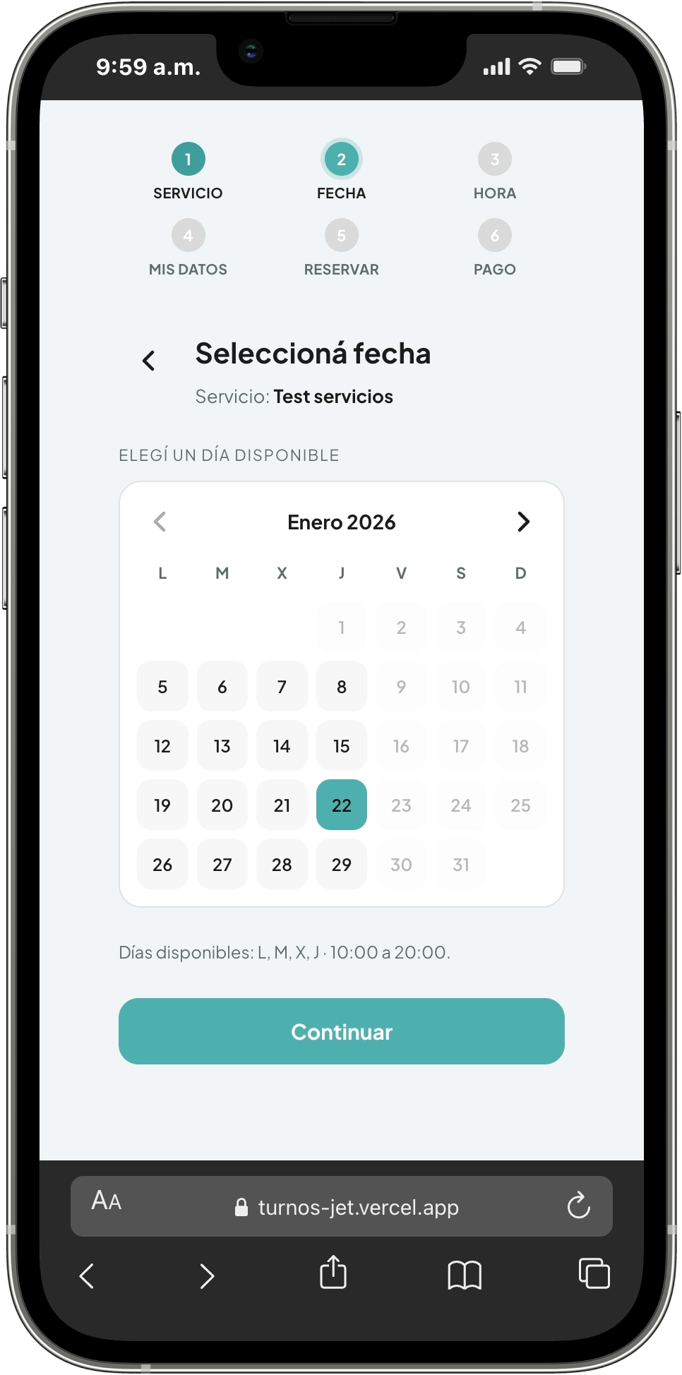 Pantalla de selección de fecha