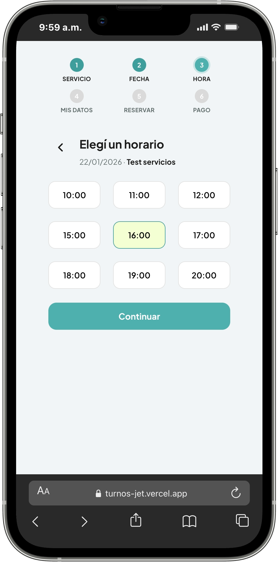 Pantalla de selección de horario