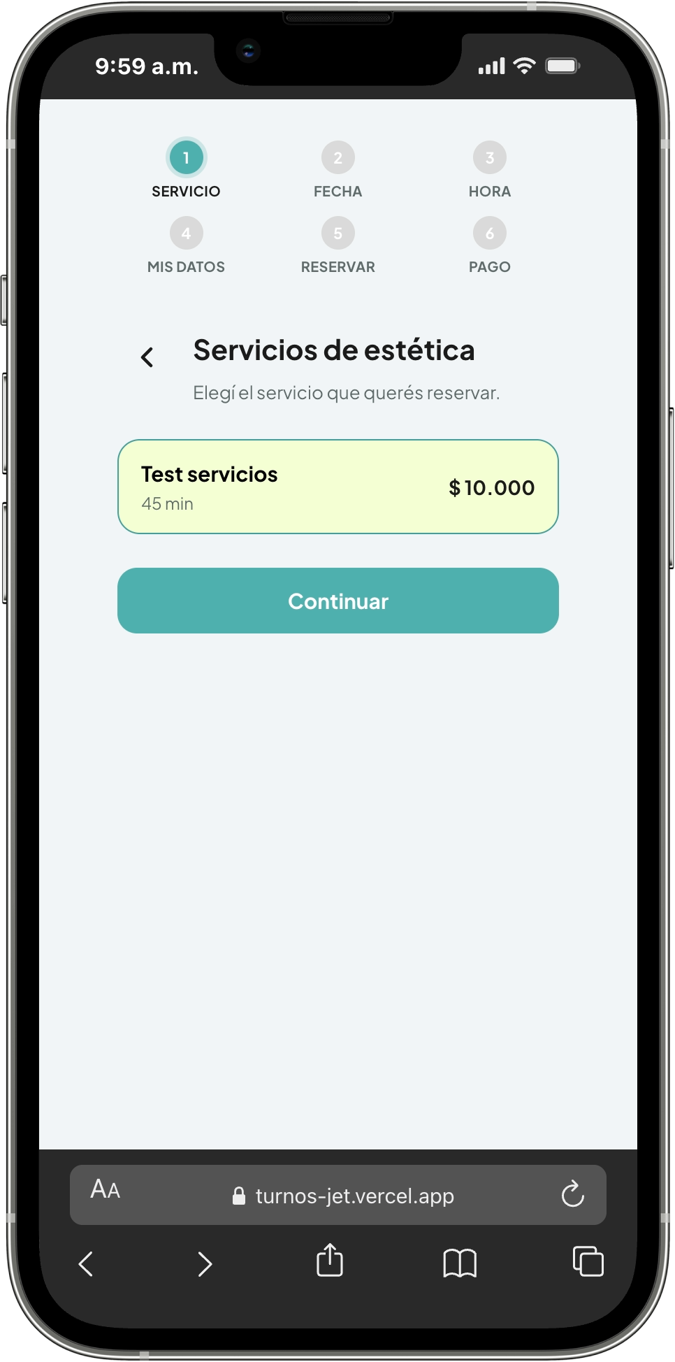 Pantalla para seleccionar servicio